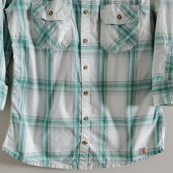 Carhartt Women's White and Green Plaid Button Down 3/4 Sleeves Shirt Size M - Picture 4 of 16